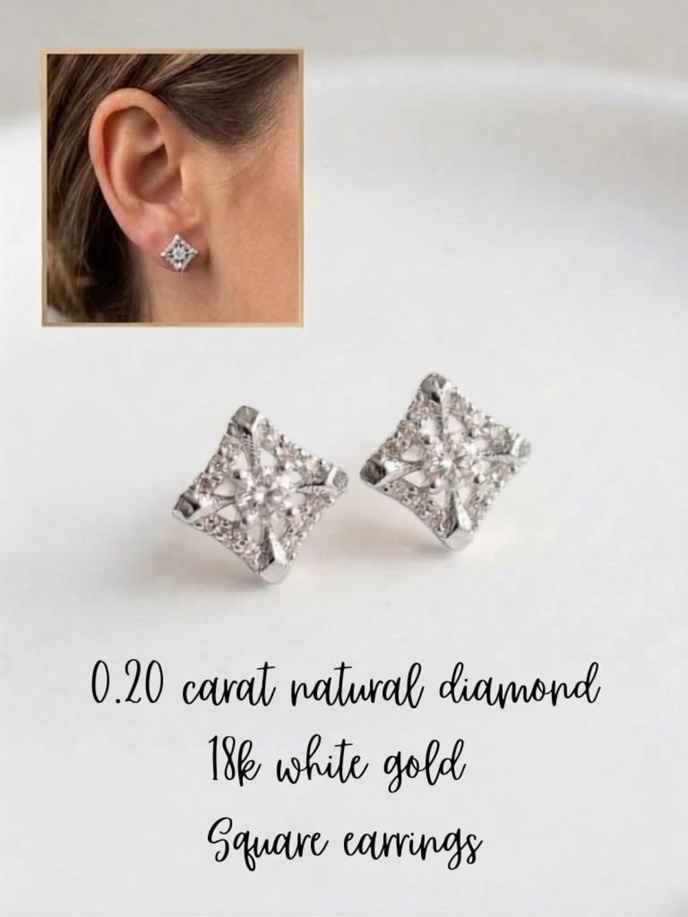 18k White Gold Diamond Square Earrings - White